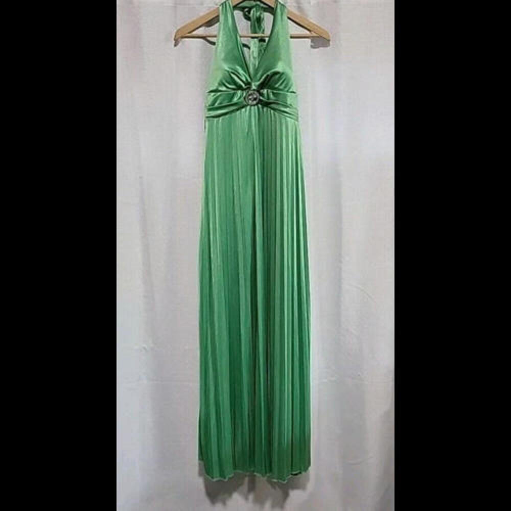 Vintage Formal Gown, Bridesmaid Dress Halter Empire Pleated, Brooch Green New